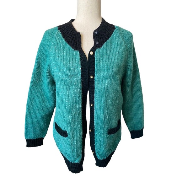 Granny Sweater Green Black Vintage 60s‎ 70s Cardigan Small Med Grandma Handmade - Picture 1 of 6